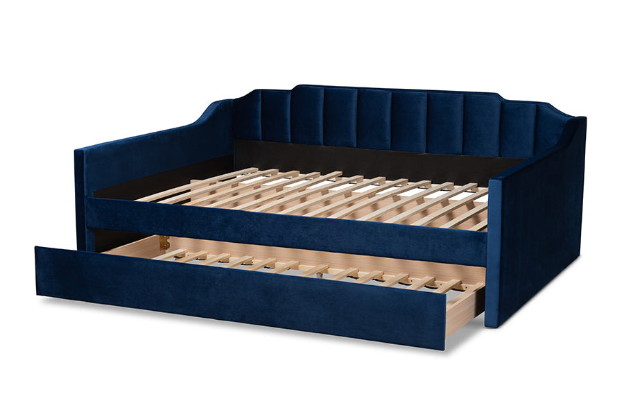 Lennon Navy Blue Velvet Fabric Upholstered Full Size Daybed with Trundle