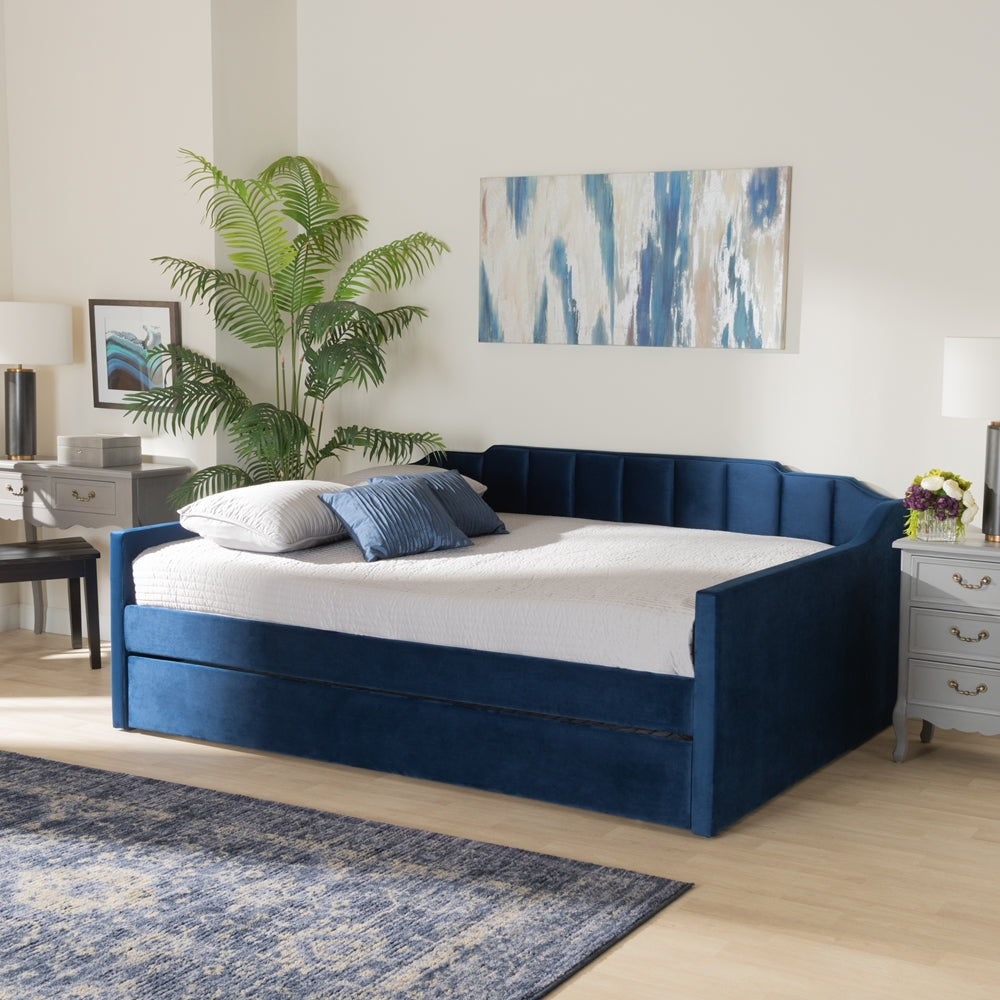 Lennon Navy Blue Velvet Fabric Upholstered Full Size Daybed with Trundle