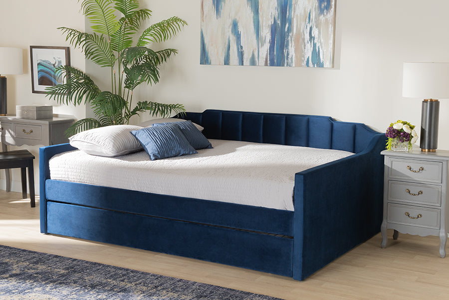 Lennon Navy Blue Velvet Fabric Upholstered Full Size Daybed with Trundle