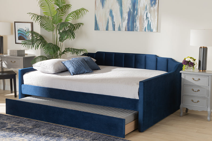 Lennon Navy Blue Velvet Fabric Upholstered Full Size Daybed with Trundle