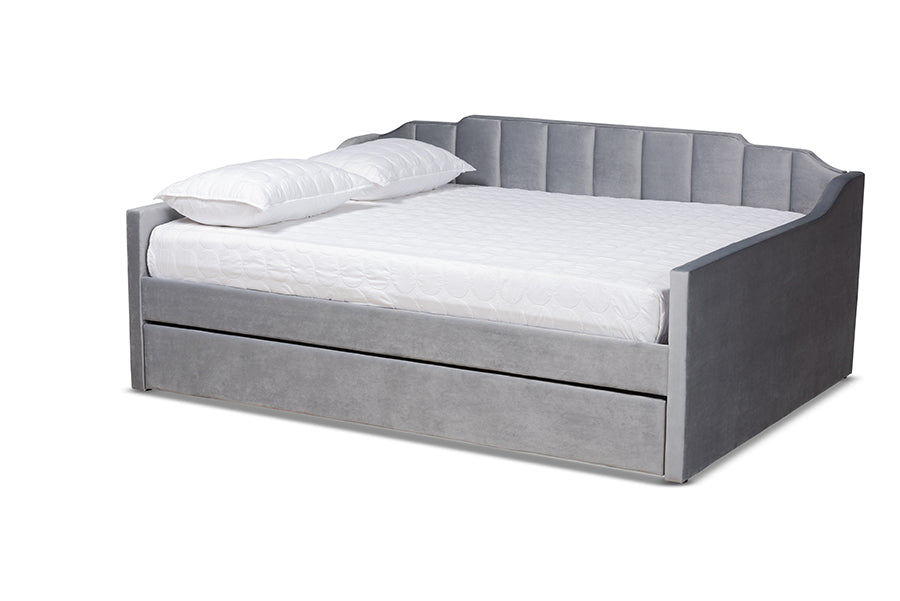 Lennon Modern and Contemporary Grey Velvet Fabric Upholstered Full Size Daybed with Trundle