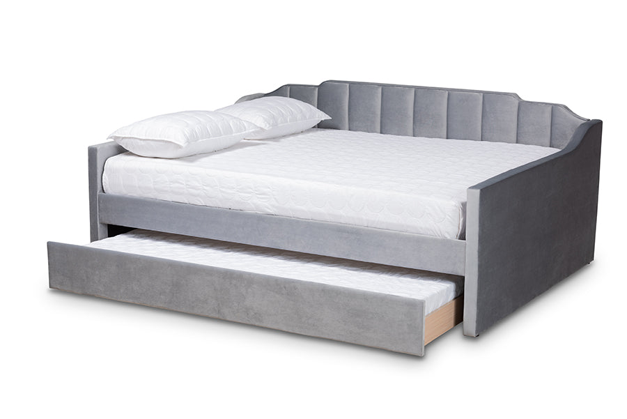 Lennon Modern and Contemporary Grey Velvet Fabric Upholstered Full Size Daybed with Trundle