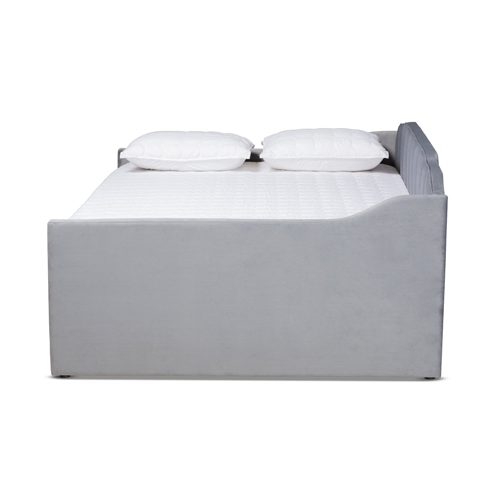 Lennon Modern and Contemporary Grey Velvet Fabric Upholstered Full Size Daybed with Trundle