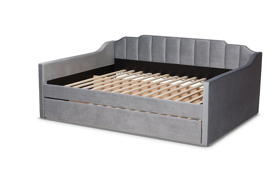 Lennon Modern and Contemporary Grey Velvet Fabric Upholstered Full Size Daybed with Trundle