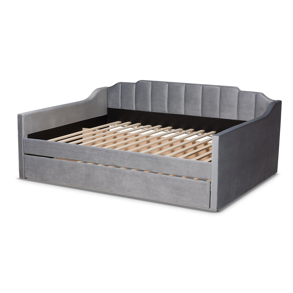 Lennon Modern and Contemporary Grey Velvet Fabric Upholstered Full Size Daybed with Trundle