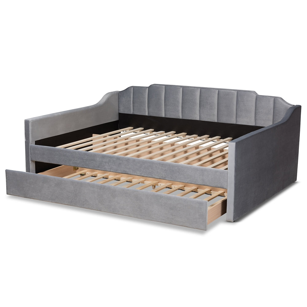 Lennon Modern and Contemporary Grey Velvet Fabric Upholstered Full Size Daybed with Trundle