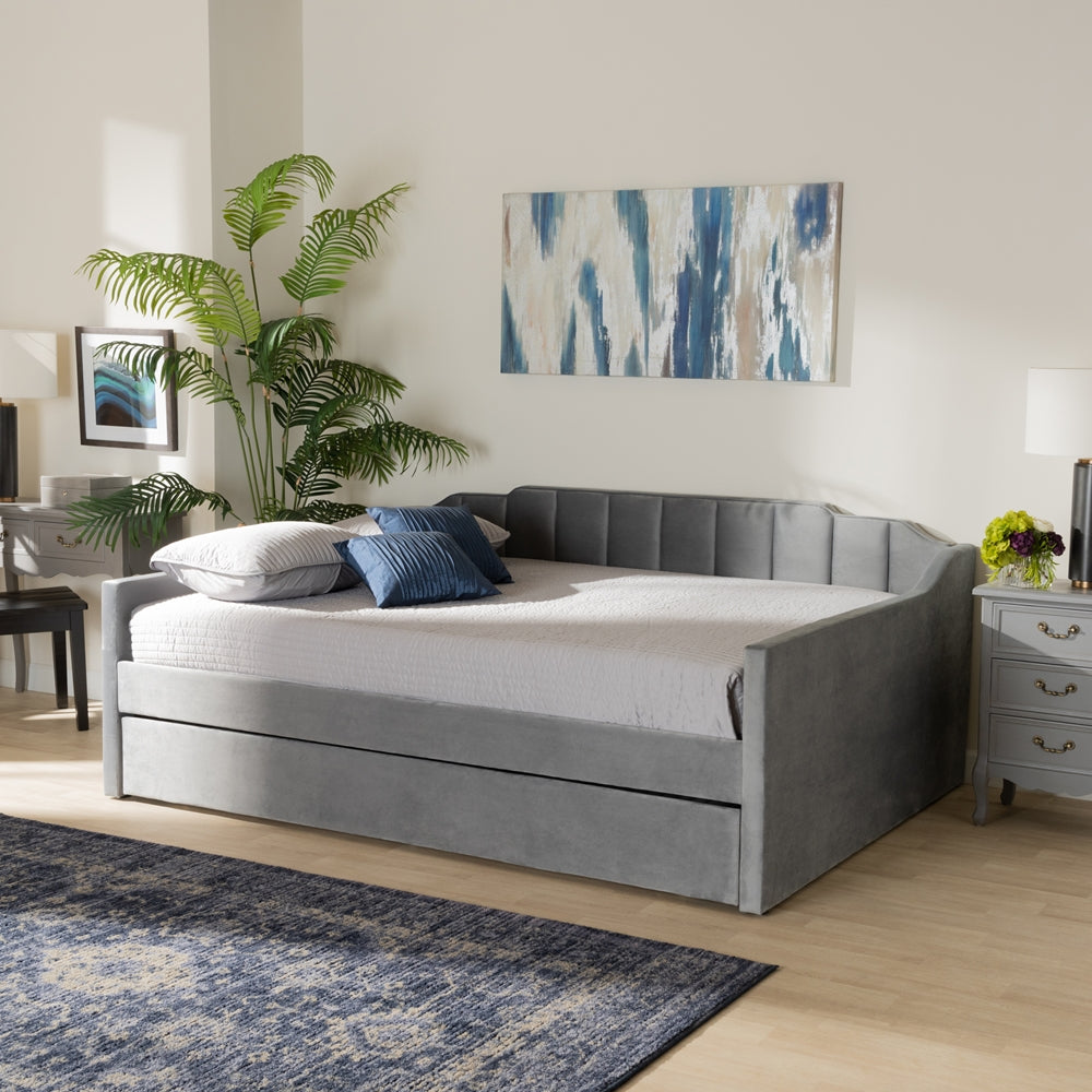 Lennon Modern and Contemporary Grey Velvet Fabric Upholstered Full Size Daybed with Trundle