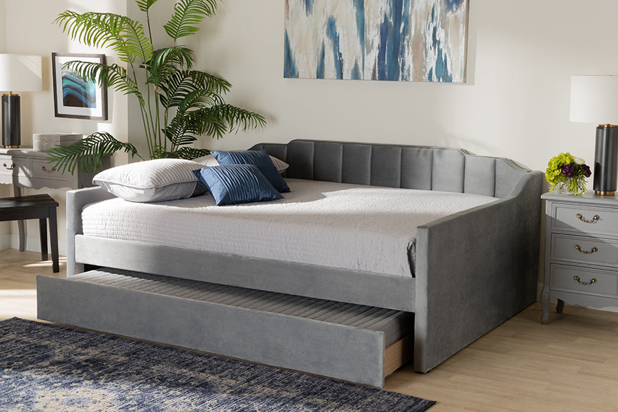 Lennon Modern and Contemporary Grey Velvet Fabric Upholstered Full Size Daybed with Trundle