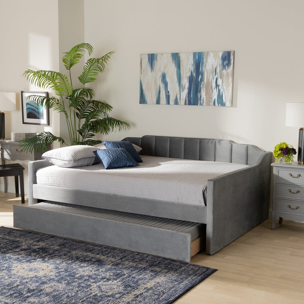 Lennon Modern and Contemporary Grey Velvet Fabric Upholstered Full Size Daybed with Trundle
