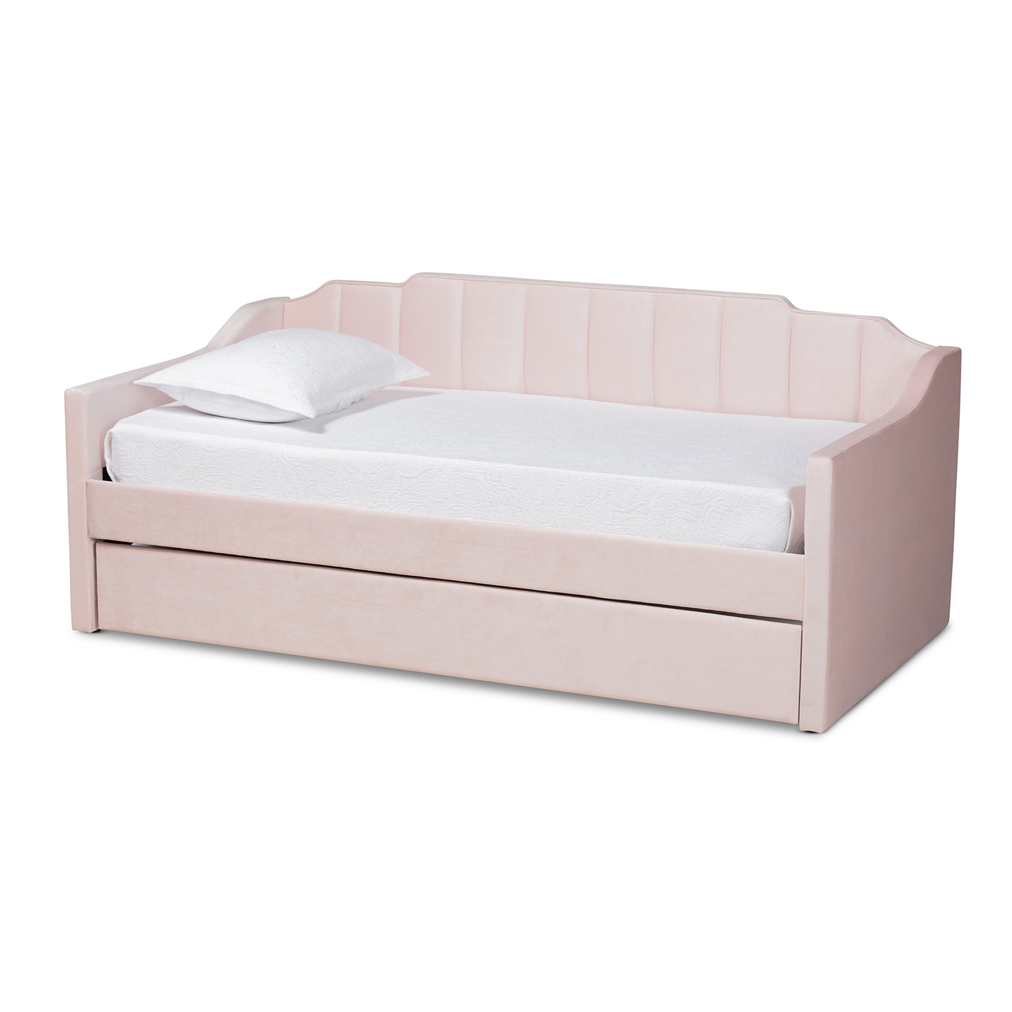 Lennon Modern and Contemporary Pink Velvet Fabric Upholstered Twin Size Daybed with Trundle