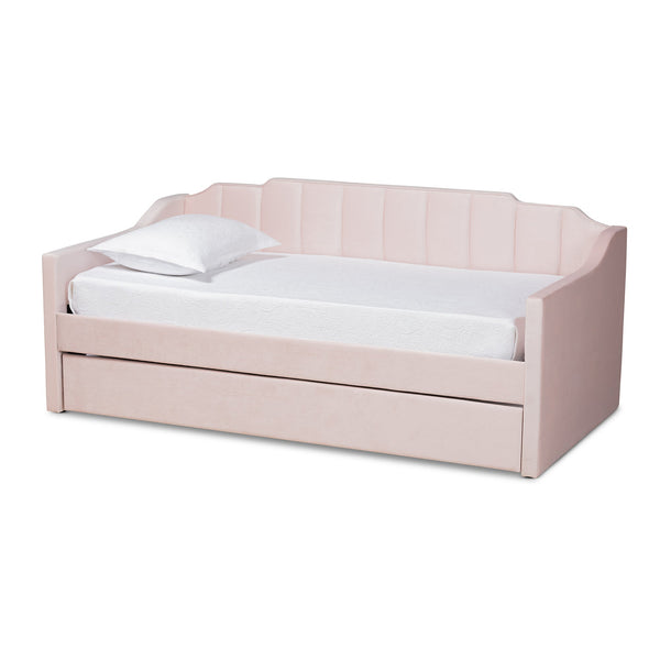 Lennon Modern and Contemporary Pink Velvet Fabric Upholstered Twin Size Daybed with Trundle