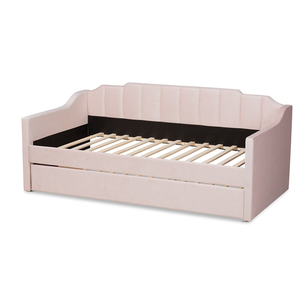 Lennon Modern and Contemporary Pink Velvet Fabric Upholstered Twin Size Daybed with Trundle