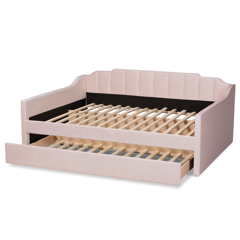 Lennon Modern and Contemporary Pink Velvet Fabric Upholstered Full Size Daybed with Trundle