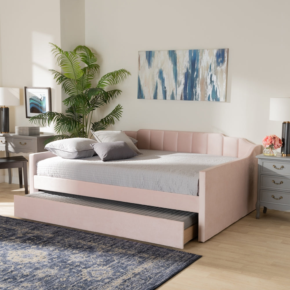Lennon Modern and Contemporary Pink Velvet Fabric Upholstered Full Size Daybed with Trundle