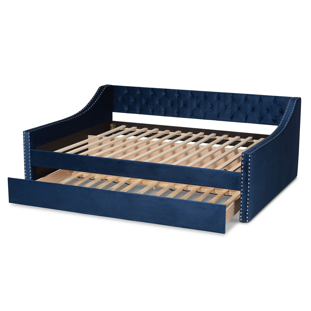 Raphael Navy Blue Velvet Fabric Upholstered Queen Size Daybed with Trundle