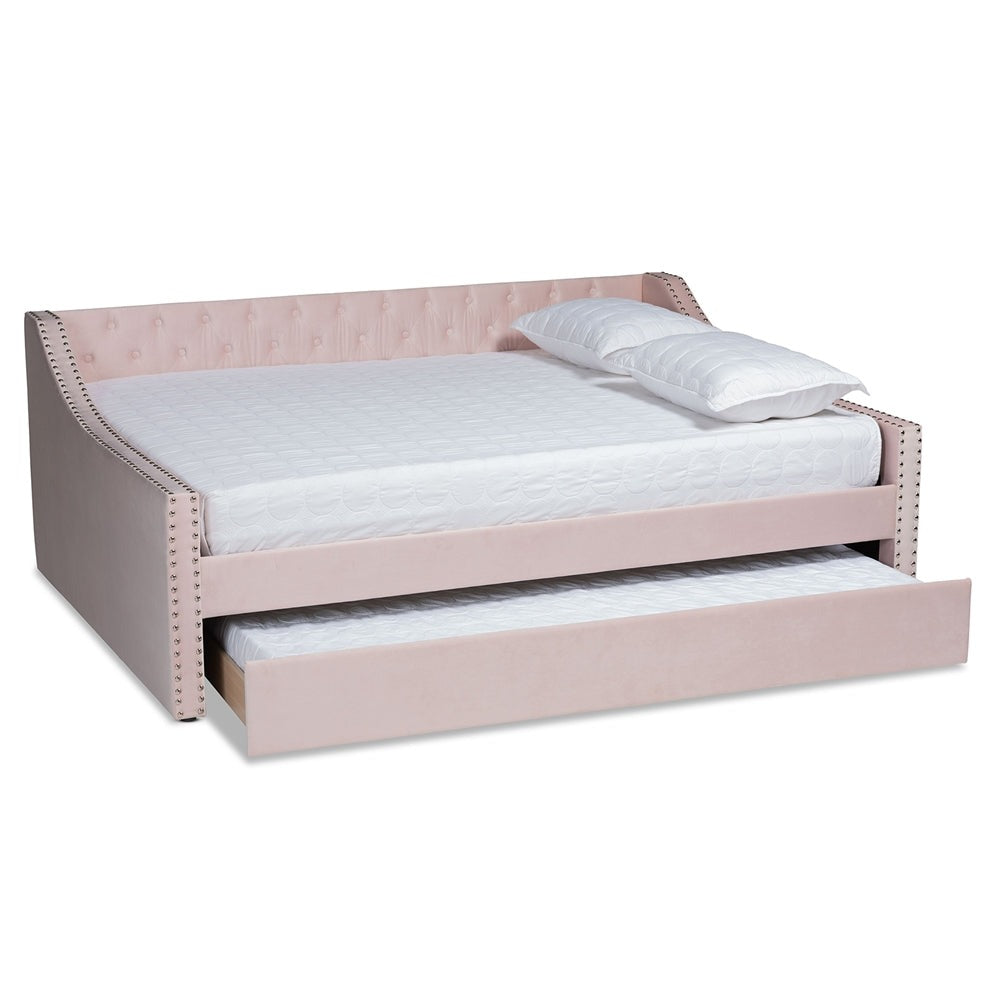 Raphael Pink Velvet Fabric Upholstered Full Size Daybed with Trundle