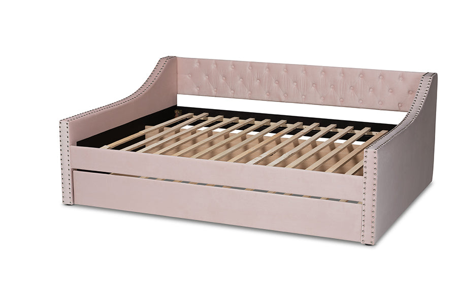 Raphael Pink Velvet Fabric Upholstered Full Size Daybed with Trundle