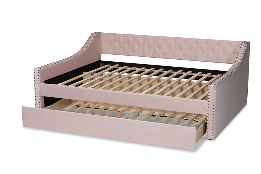 Raphael Pink Velvet Fabric Upholstered Full Size Daybed with Trundle