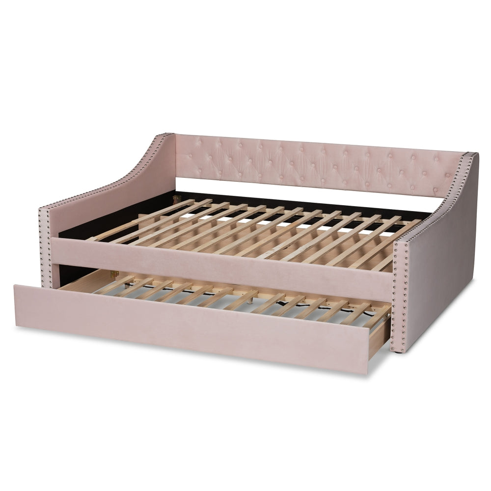 Raphael Pink Velvet Fabric Upholstered Full Size Daybed with Trundle