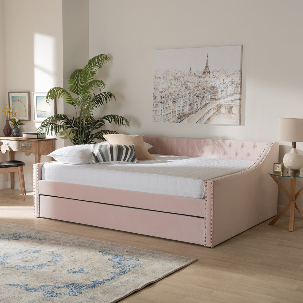 Raphael Pink Velvet Fabric Upholstered Full Size Daybed with Trundle