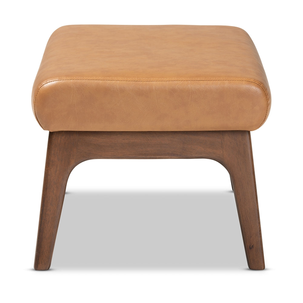 Bianca Mid-Century Modern Walnut Brown Finished Wood and Tan Faux Leather Effect Ottoman