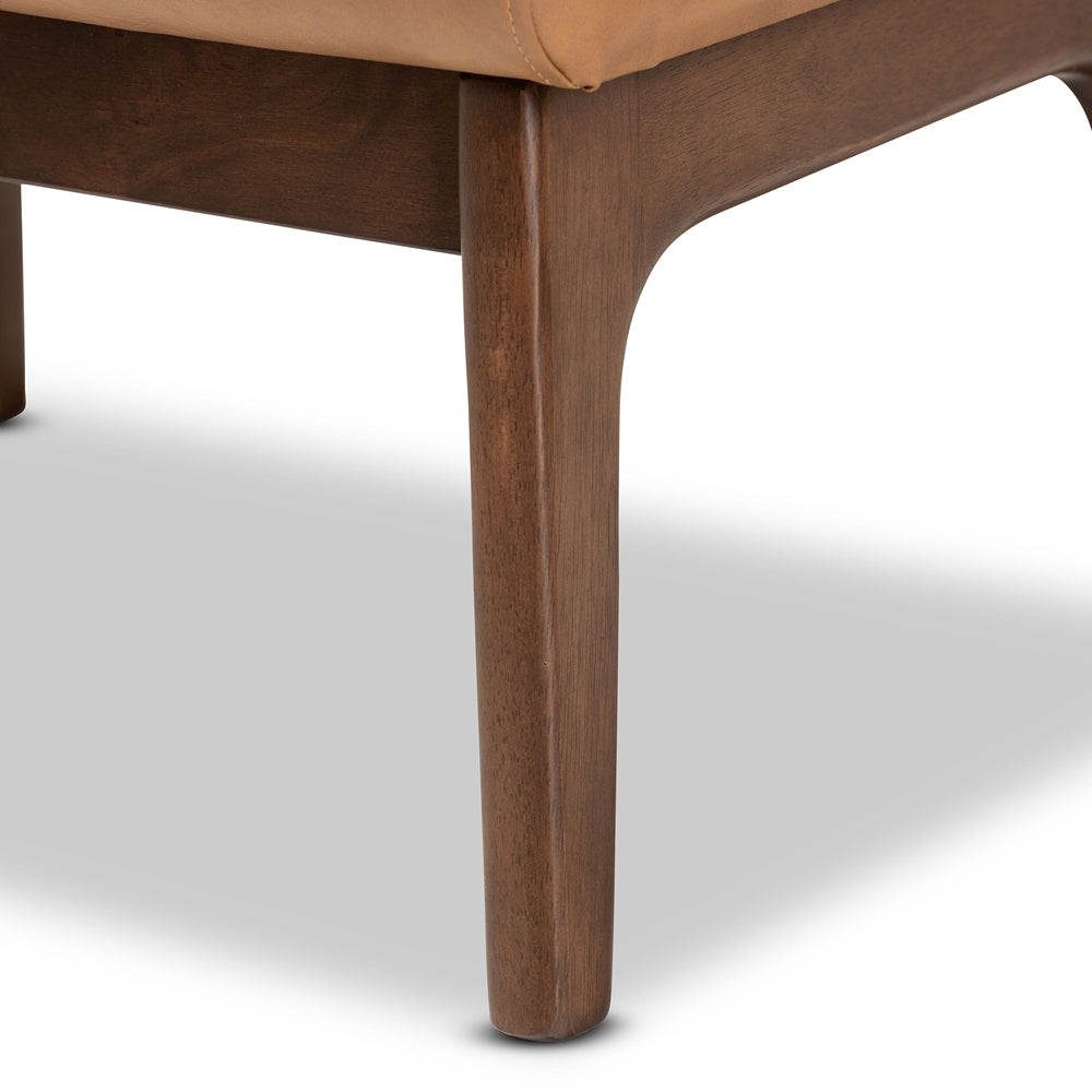 Bianca Mid-Century Modern Walnut Brown Finished Wood and Tan Faux Leather Effect Ottoman