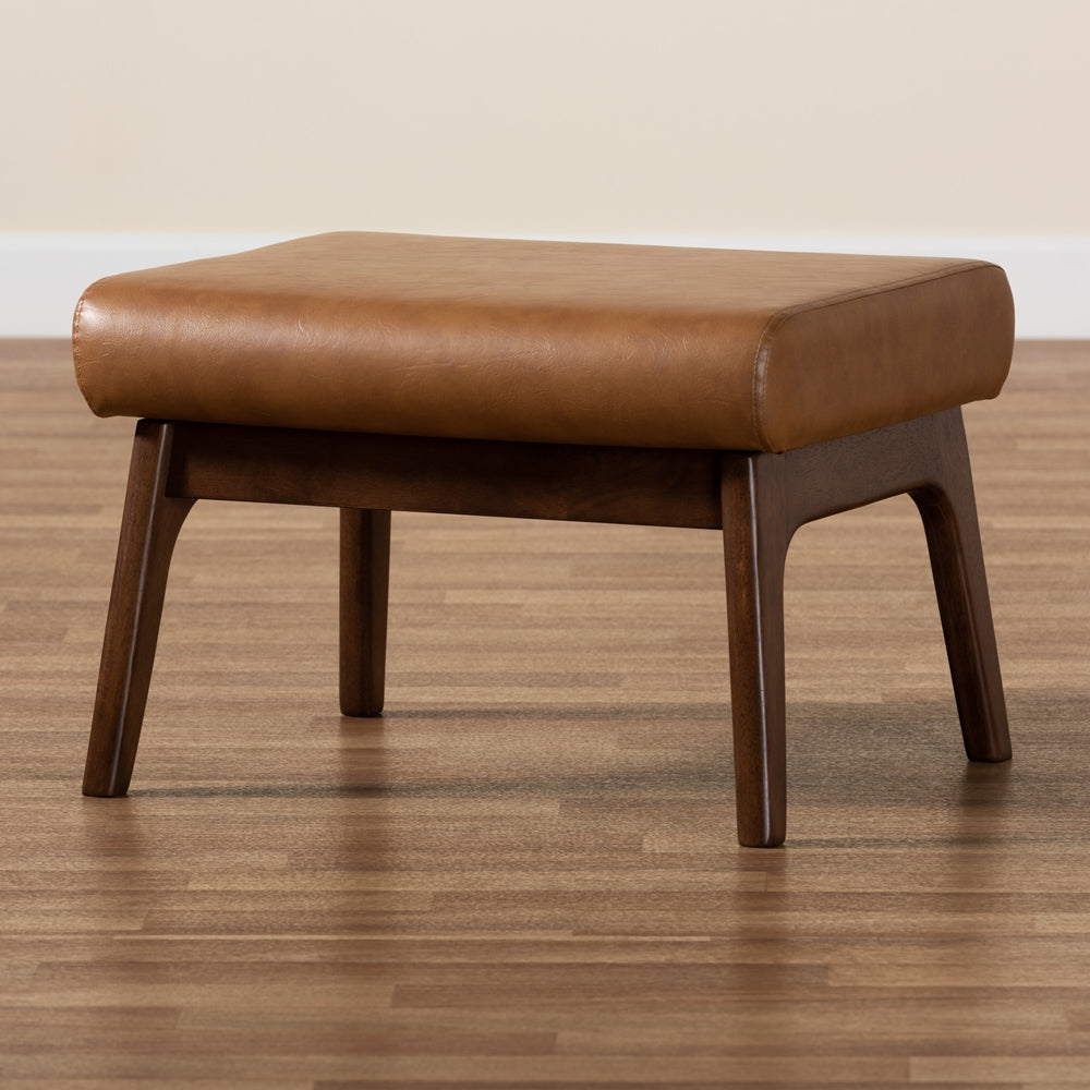 Bianca Mid-Century Modern Walnut Brown Finished Wood and Tan Faux Leather Effect Ottoman