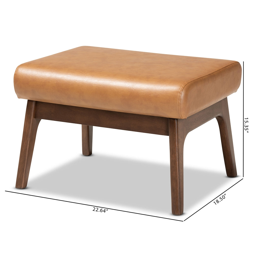Bianca Mid-Century Modern Walnut Brown Finished Wood and Tan Faux Leather Effect Ottoman