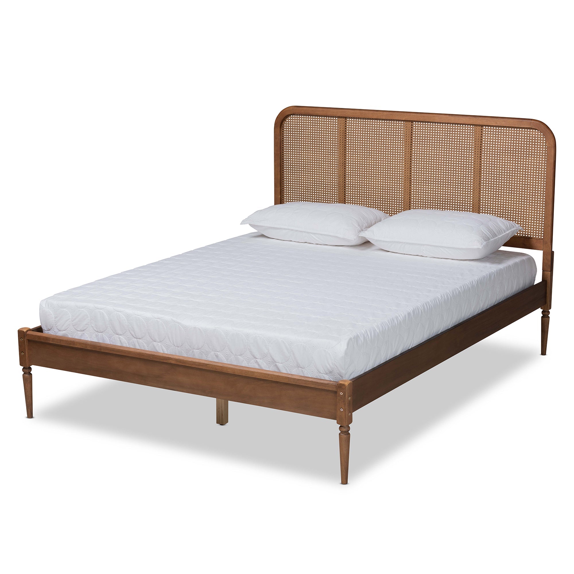 Elston Mid-Century Modern Walnut Brown Finished Wood and Synthetic Rattan Queen Size Platform Bed