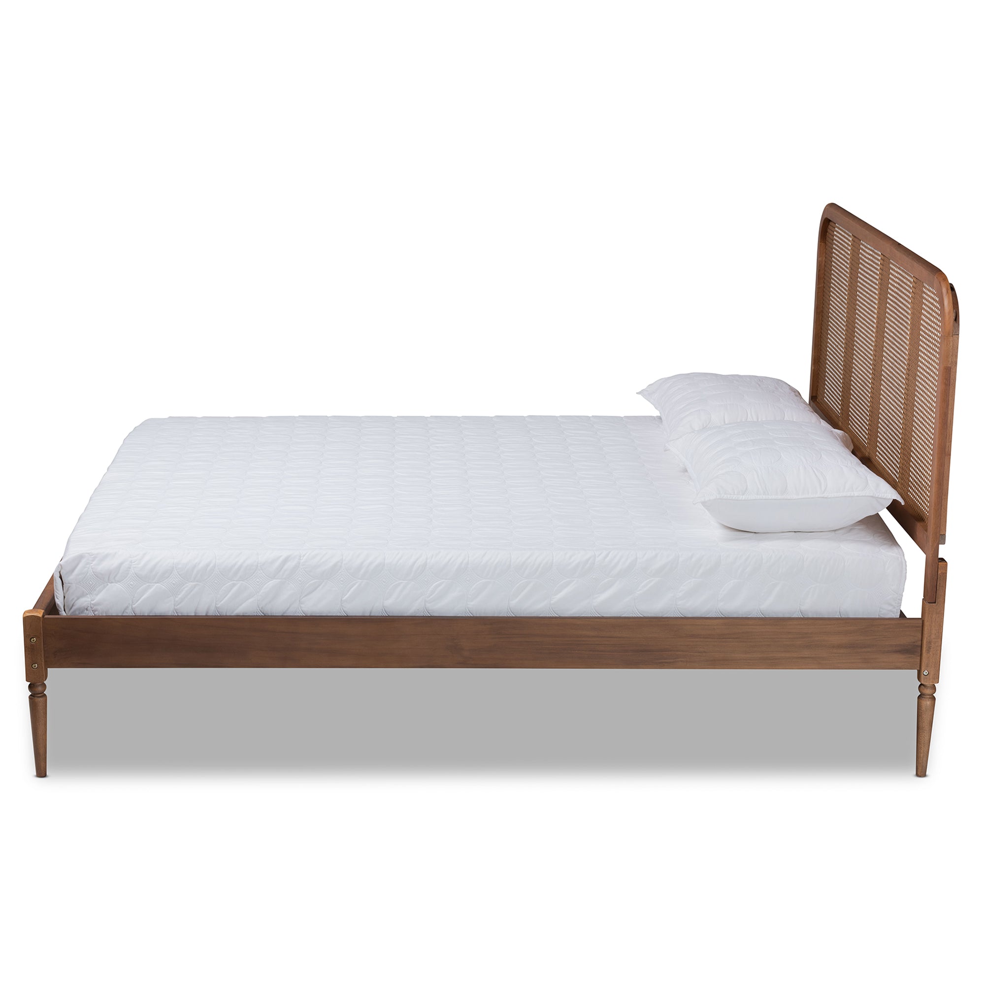 Elston Mid-Century Modern Walnut Brown Finished Wood and Synthetic Rattan Queen Size Platform Bed
