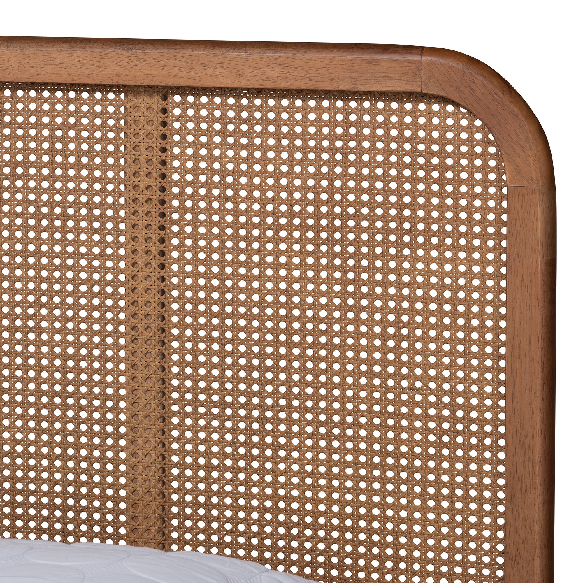Elston Mid-Century Modern Walnut Brown Finished Wood and Synthetic Rattan Queen Size Platform Bed