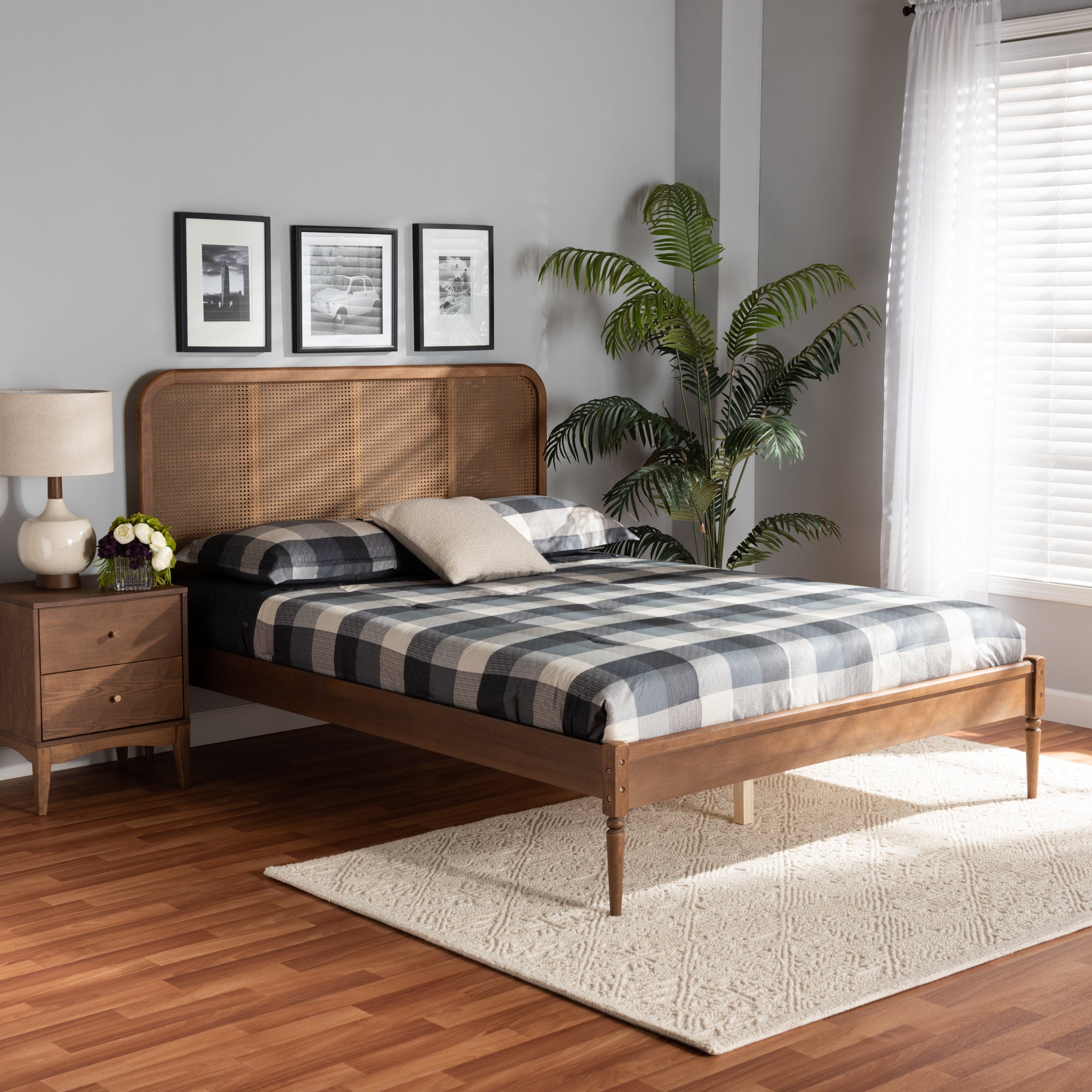 Elston Mid-Century Modern Walnut Brown Finished Wood and Synthetic Rattan Queen Size Platform Bed