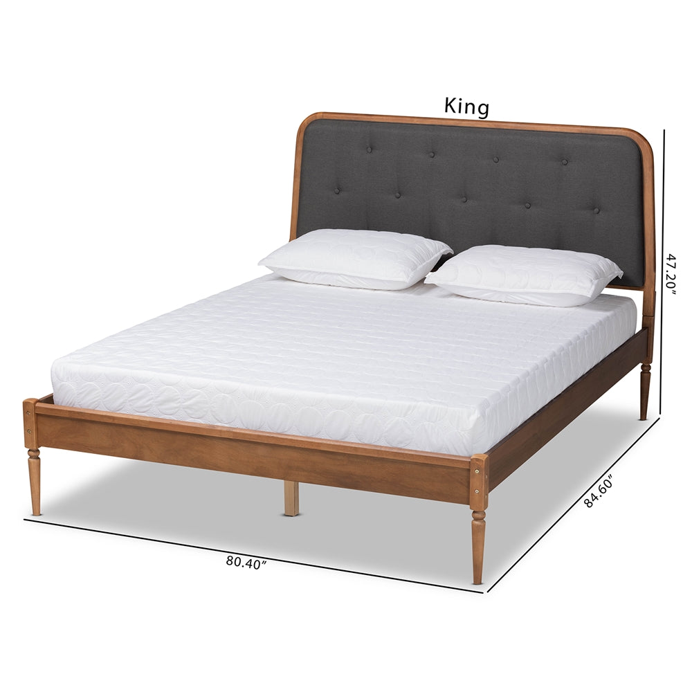 Diantha Dark Grey Fabric and Walnut Brown Finished Wood King Size Bed