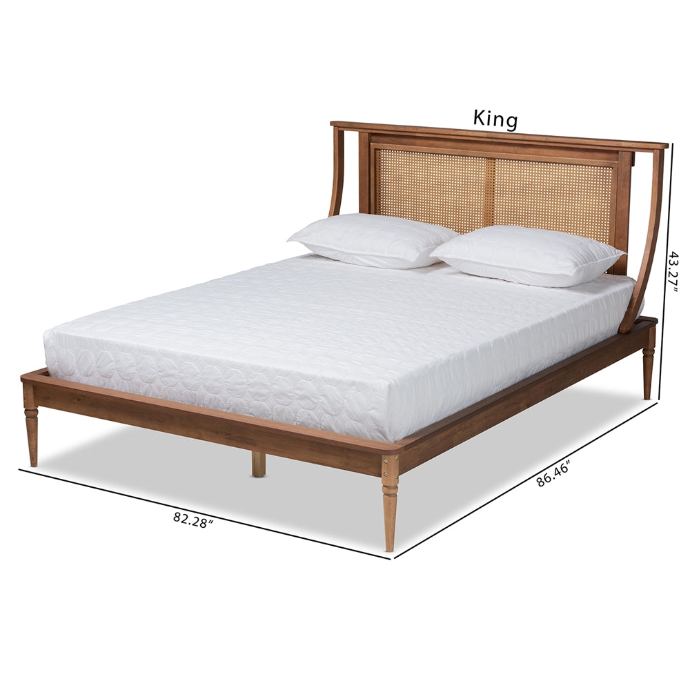 Jamila Modern Transitional Walnut Brown Finished Wood And Synthetic Rattan King Size Platform Bed