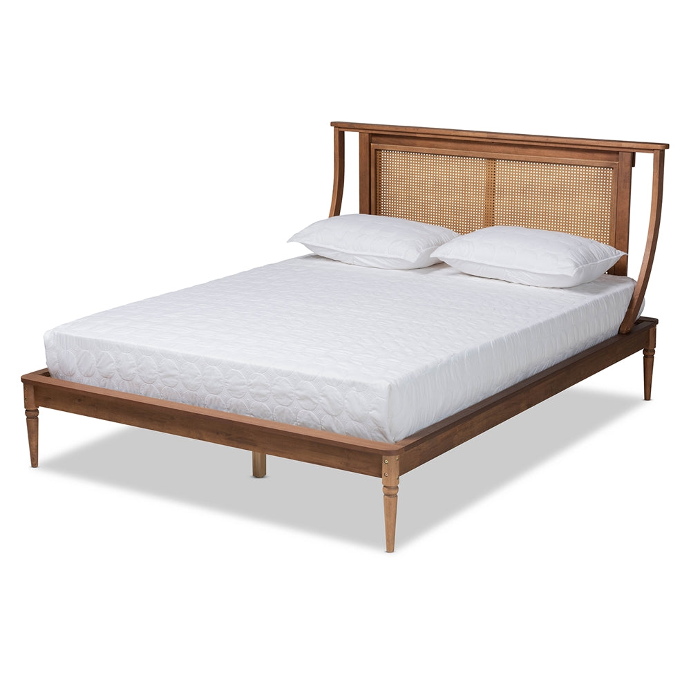 Pantin King Size Walnut Brown Wood Platform Bed – Modern Transitional with Woven Rattan Headboard