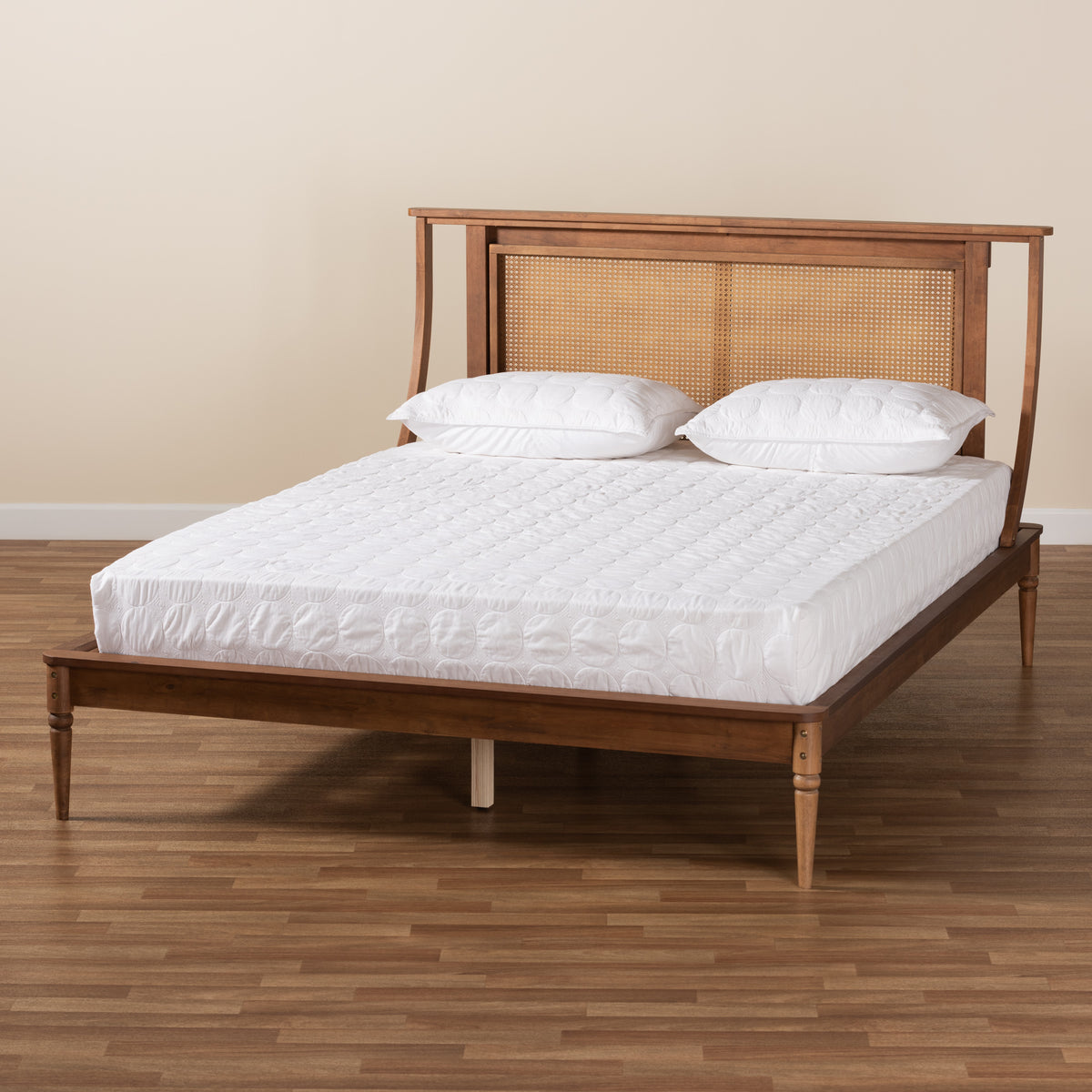 Argus Queen Wood Platform Bed  Modern Transitional Walnut Brown with Rattan Headboard