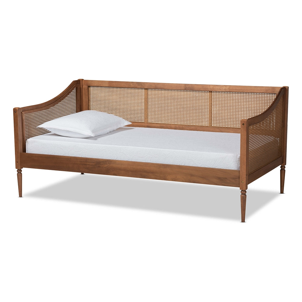 Ogden Mid-Century Modern Walnut Brown Finished Wood And Synthetic Rattan Twin Size Daybed