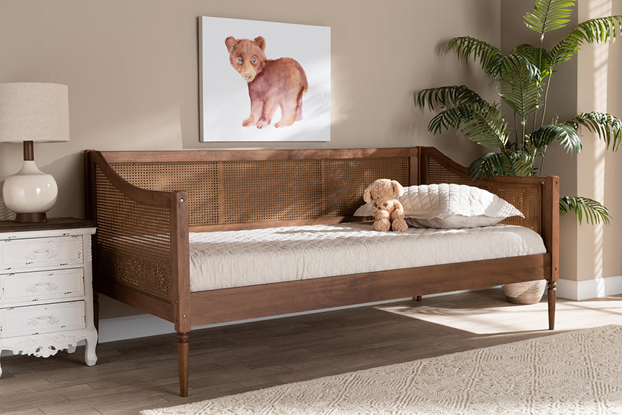 Rochadh Twin Size Walnut Wood Daybed  Ogden Mid-Century Modern Design with Rattan Accents