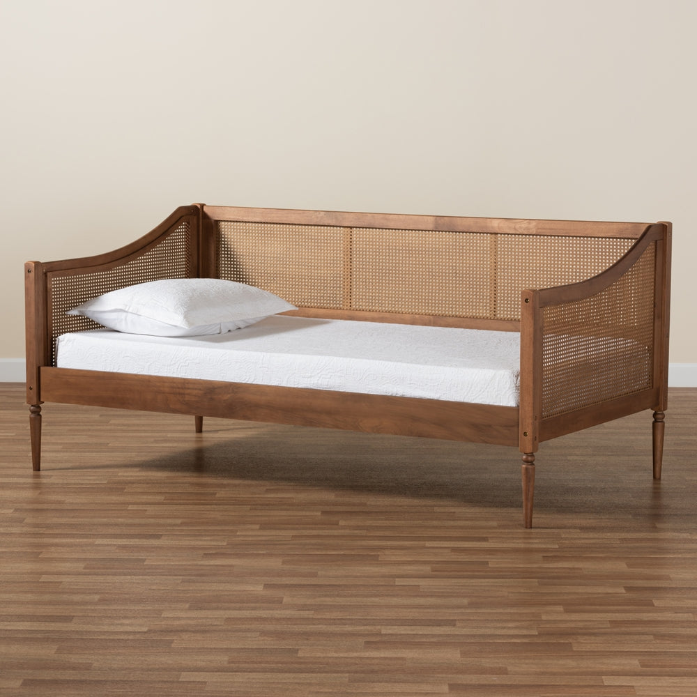 Rochadh Twin Size Walnut Wood Daybed  Ogden Mid-Century Modern Design with Rattan Accents
