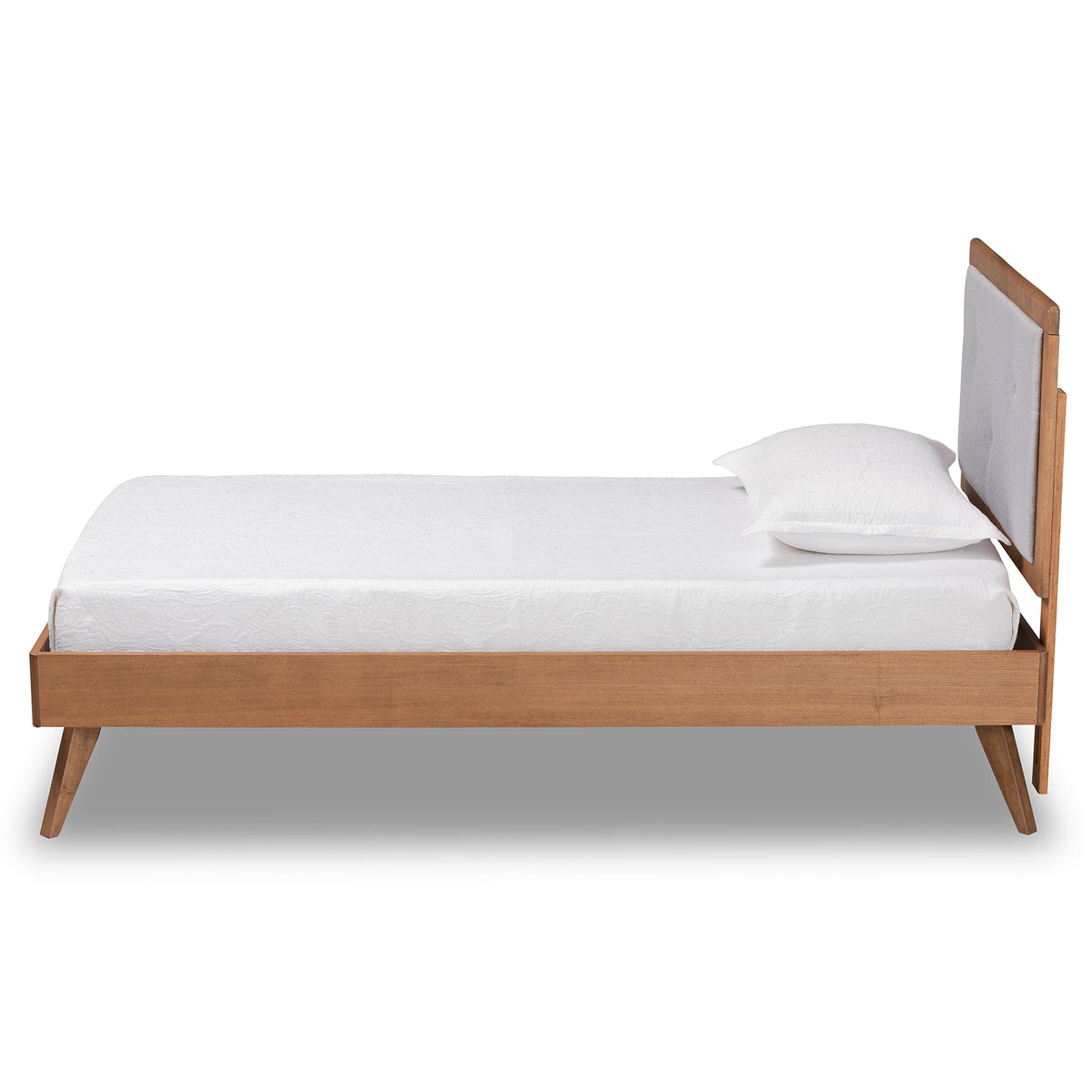 Laima Mid-Century Modern Light Grey Fabric Upholstered and Walnut Brown Finished Wood Twin Size Platform Bed