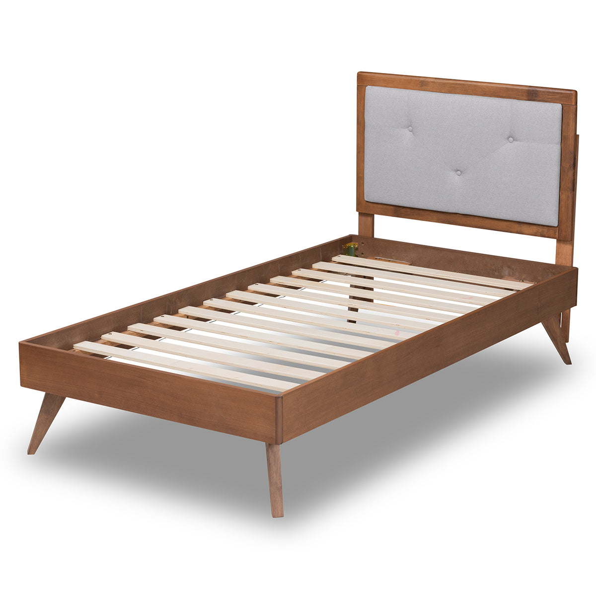 Laima Mid-Century Modern Light Grey Fabric Upholstered and Walnut Brown Finished Wood Twin Size Platform Bed