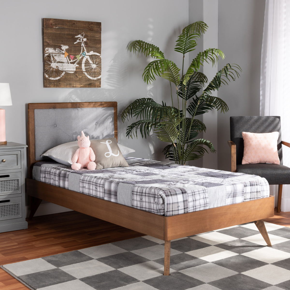 Laima Mid-Century Modern Light Grey Fabric Upholstered and Walnut Brown Finished Wood Twin Size Platform Bed