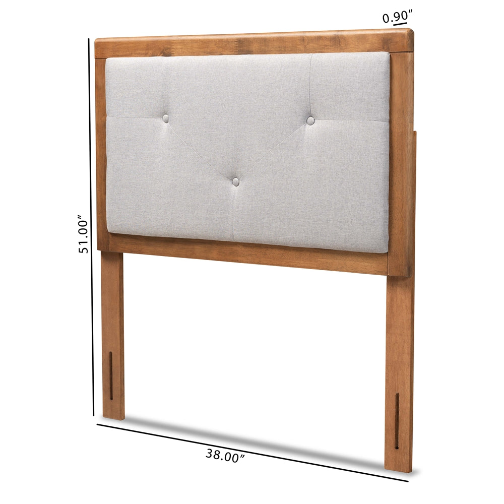Abner Modern and Contemporary Transitional Light Grey Fabric Upholstered and Walnut Brown Finished Wood Twin Size Headboard