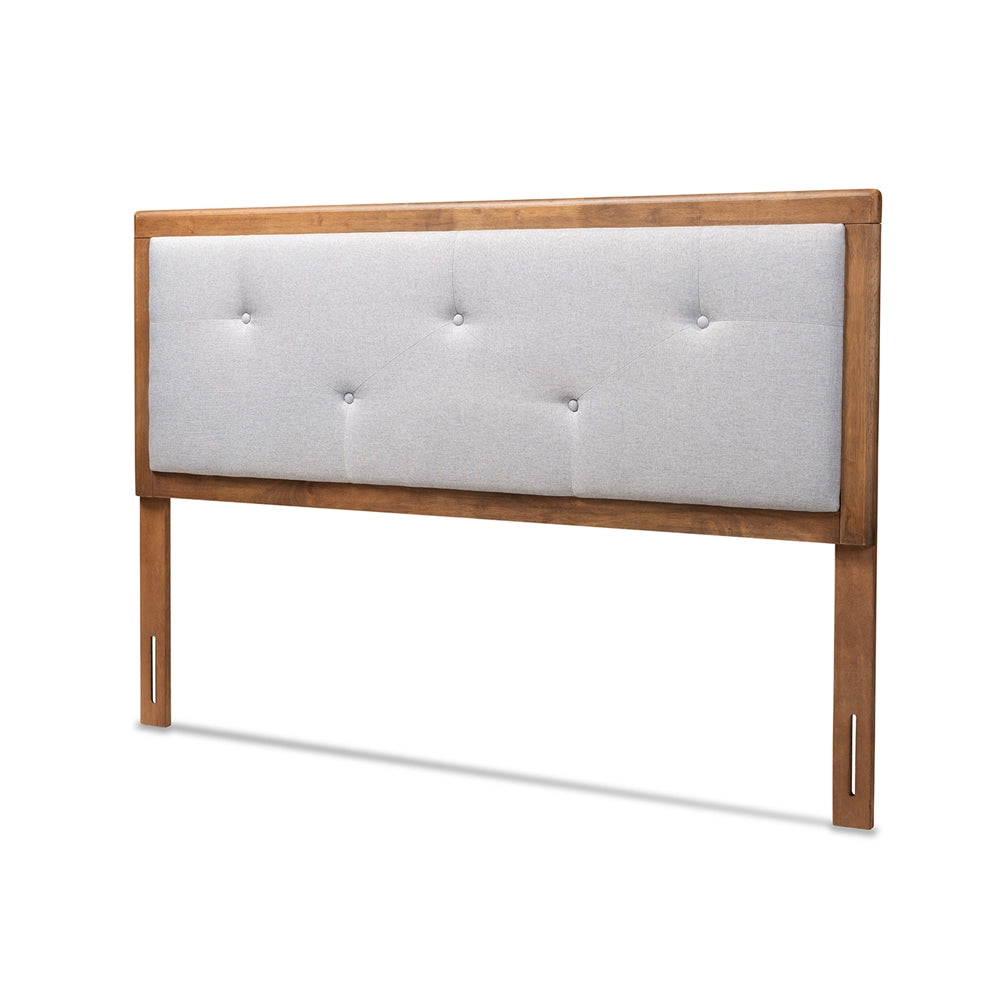 Abner Modern and Contemporary Transitional Light Grey Fabric Upholstered and Walnut Brown Finished Wood Queen Size Headboard