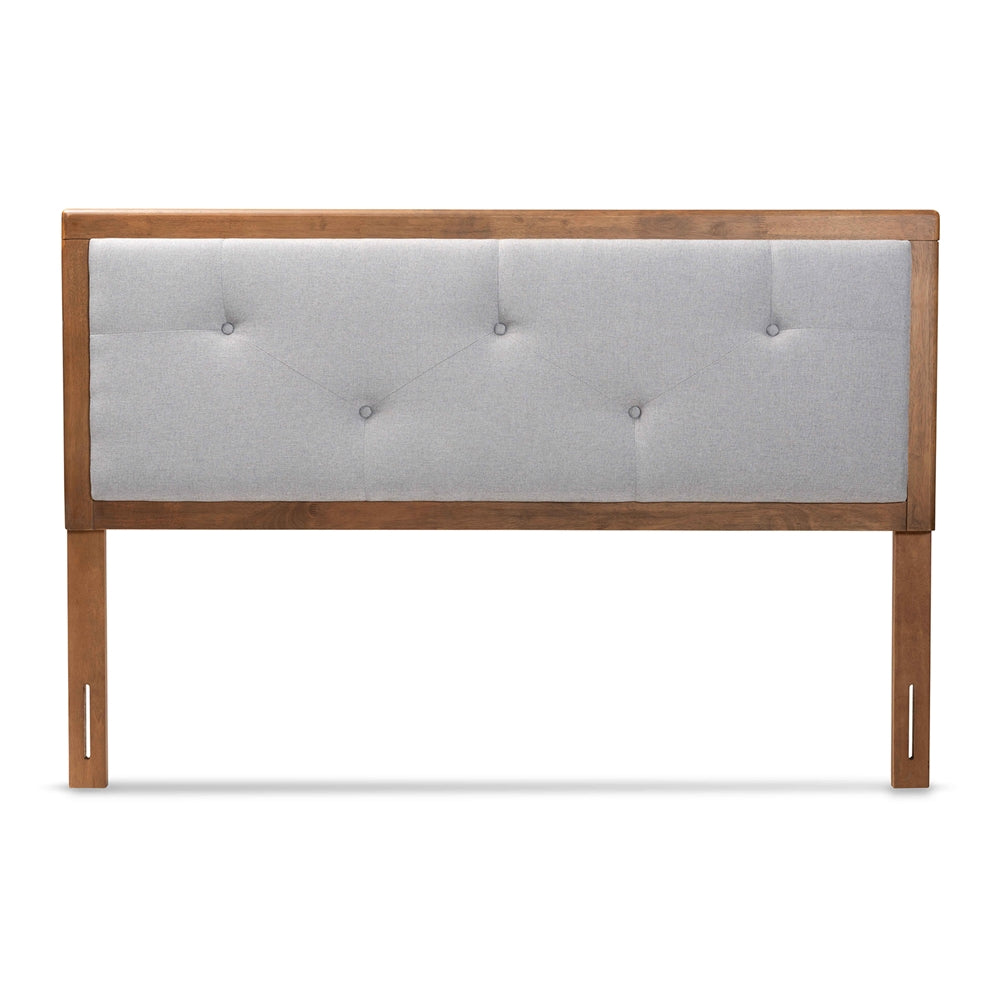 Abner Modern and Contemporary Transitional Light Grey Fabric Upholstered and Walnut Brown Finished Wood King Size Headboard