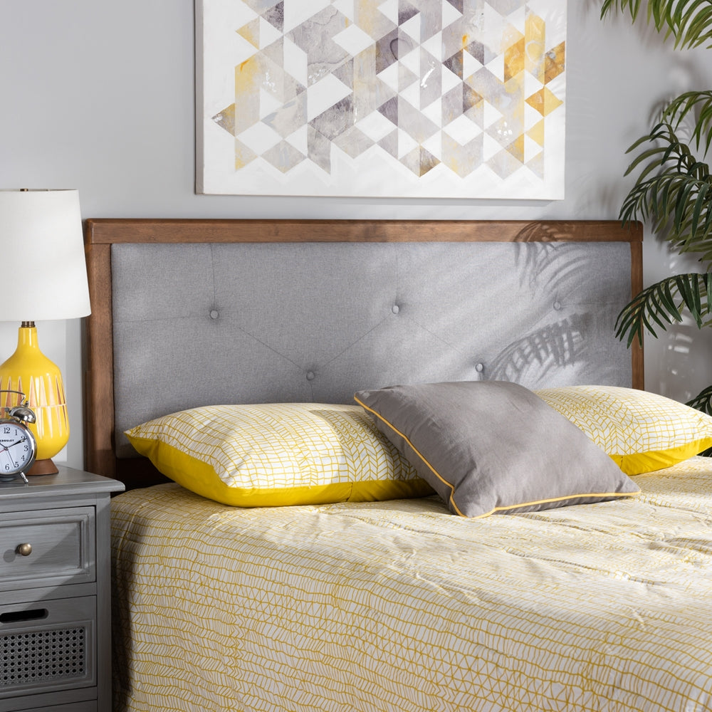 Abner Modern and Contemporary Transitional Light Grey Fabric Upholstered and Walnut Brown Finished Wood Queen Size Headboard
