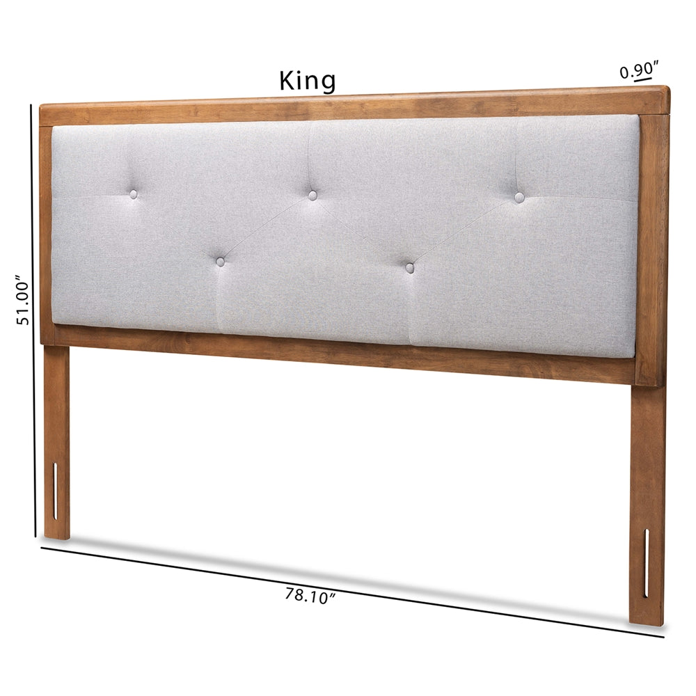 Abner Modern and Contemporary Transitional Light Grey Fabric Upholstered and Walnut Brown Finished Wood King Size Headboard