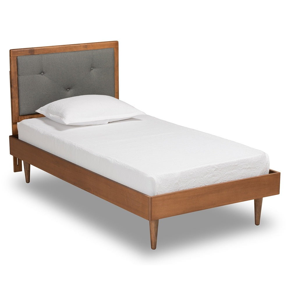 Saul Light Grey Fabric and Walnut Brown Finished Wood Twin Size Bed