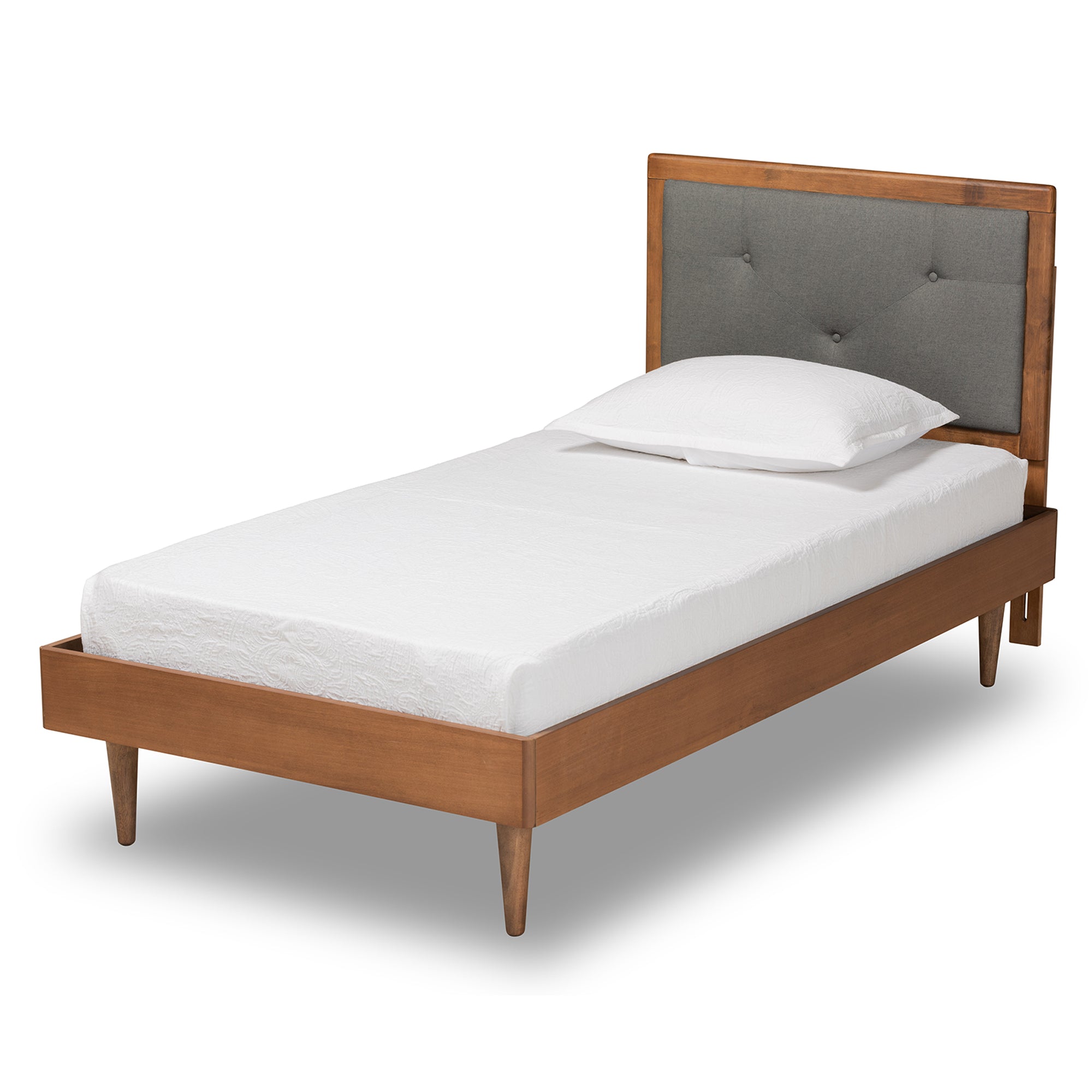 Saul Mid-Century Modern Dark Grey Fabric Upholstered and Walnut Brown Finished Wood Twin Size Platform Bed