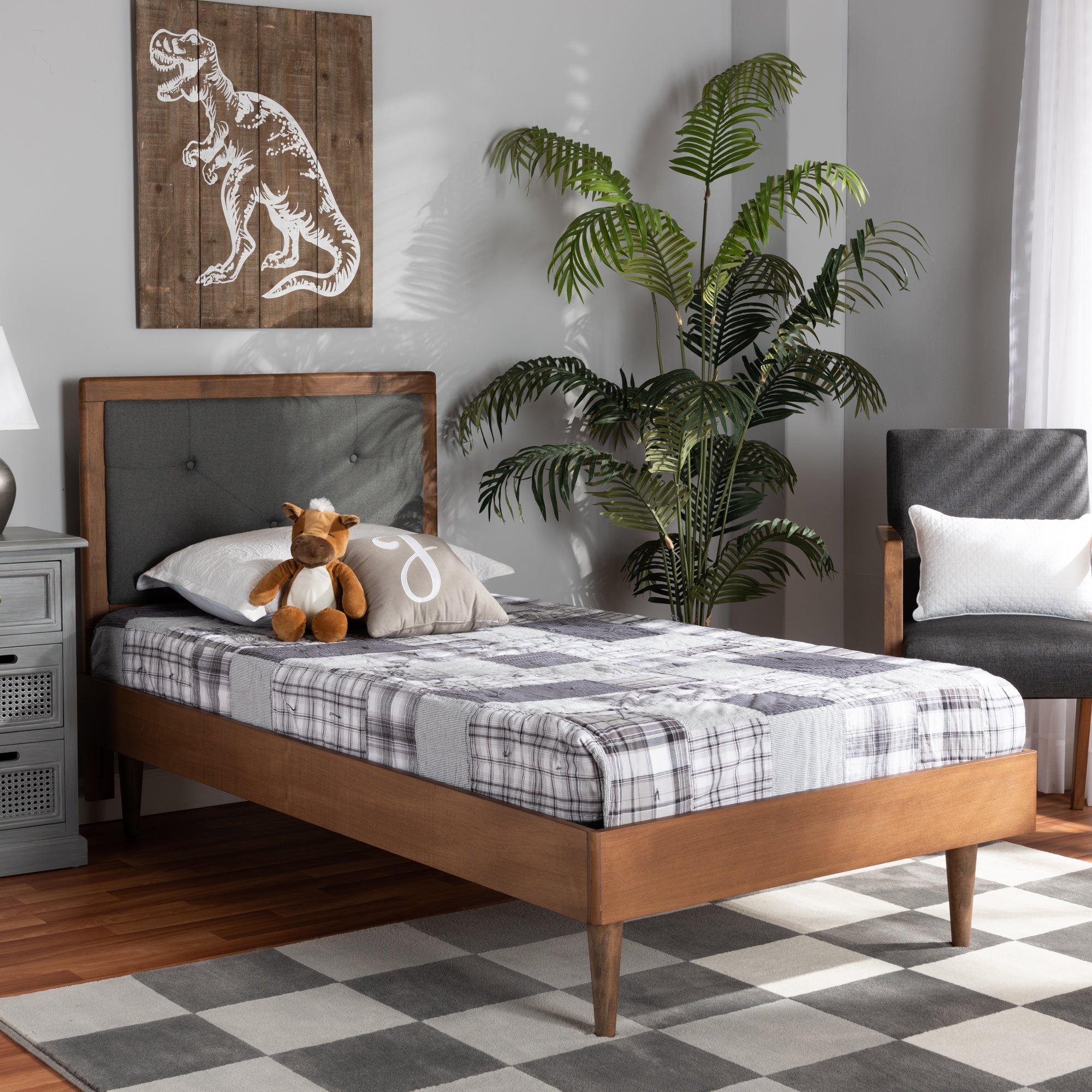 Saul Mid-Century Modern Dark Grey Fabric Upholstered and Walnut Brown Finished Wood Twin Size Platform Bed